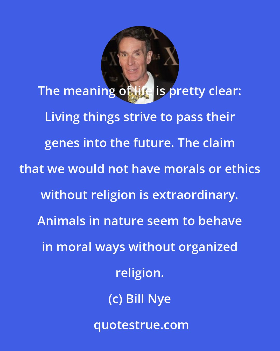 Bill Nye: The meaning of life is pretty clear: Living things strive to pass their genes into the future. The claim that we would not have morals or ethics without religion is extraordinary. Animals in nature seem to behave in moral ways without organized religion.