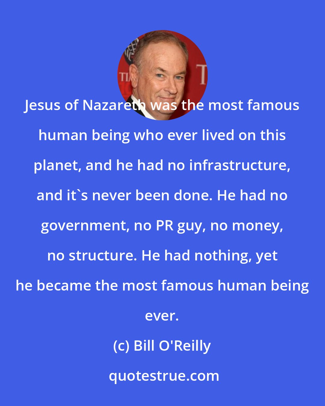 Bill O'Reilly: Jesus of Nazareth was the most famous human being who ever lived on this planet, and he had no infrastructure, and it's never been done. He had no government, no PR guy, no money, no structure. He had nothing, yet he became the most famous human being ever.