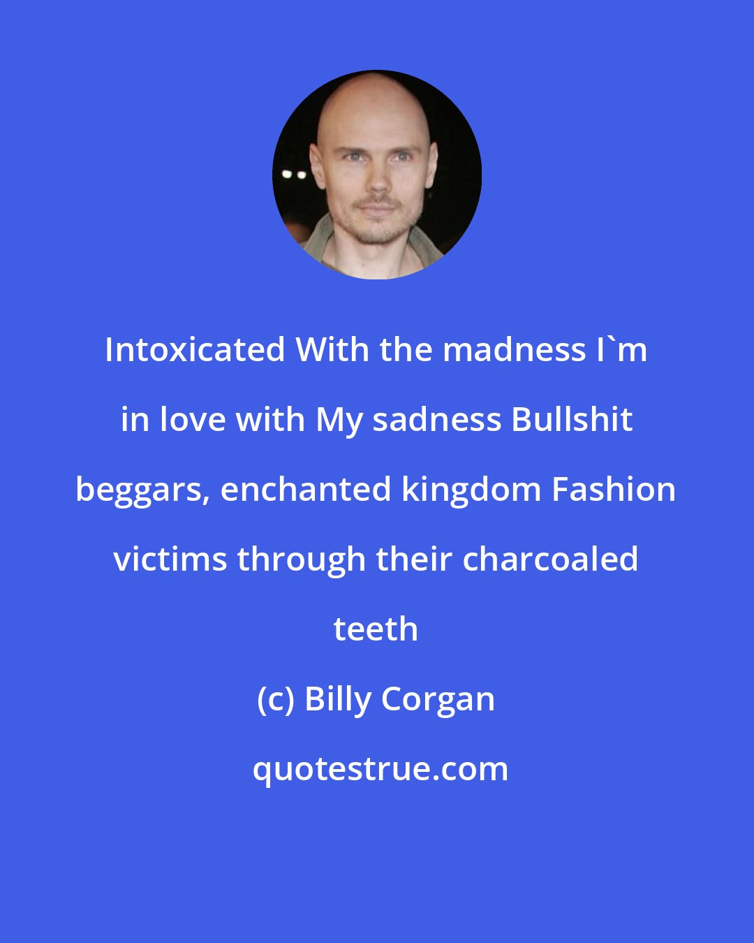 Billy Corgan: Intoxicated With the madness I'm in love with My sadness Bullshit beggars, enchanted kingdom Fashion victims through their charcoaled teeth