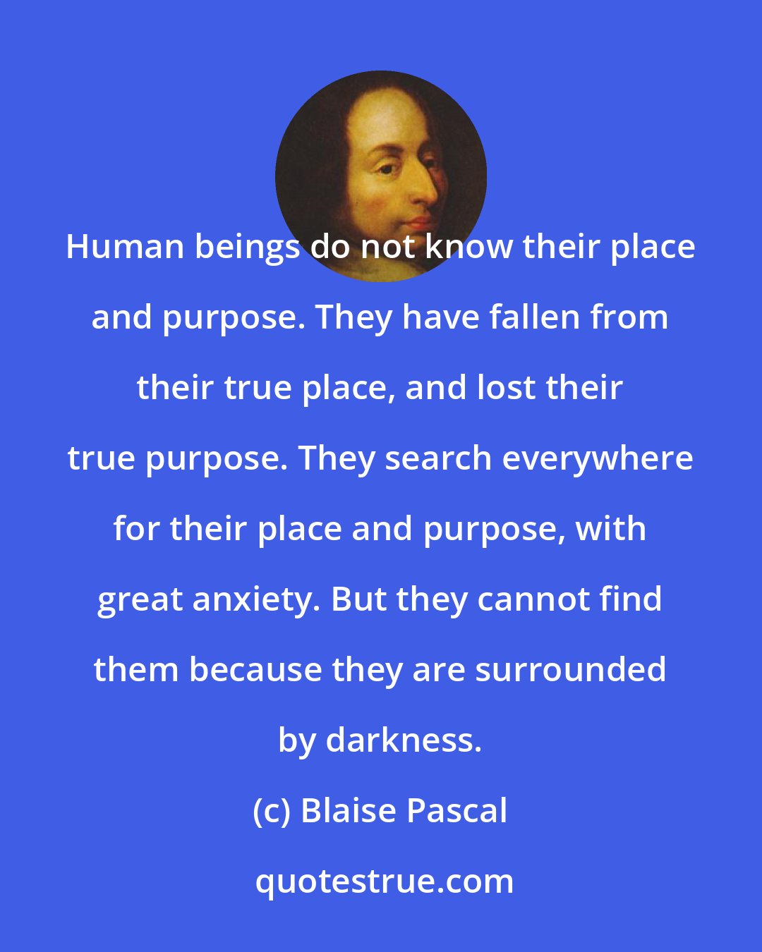 Blaise Pascal: Human beings do not know their place and purpose. They have fallen from their true place, and lost their true purpose. They search everywhere for their place and purpose, with great anxiety. But they cannot find them because they are surrounded by darkness.