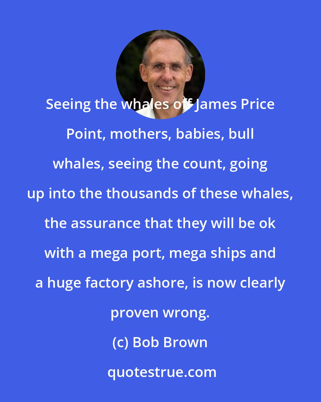 Bob Brown: Seeing the whales off James Price Point, mothers, babies, bull whales, seeing the count, going up into the thousands of these whales, the assurance that they will be ok with a mega port, mega ships and a huge factory ashore, is now clearly proven wrong.