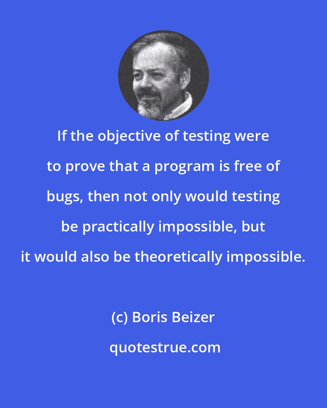 Boris Beizer: If the objective of testing were to prove that a program is free of bugs, then not only would testing be practically impossible, but it would also be theoretically impossible.