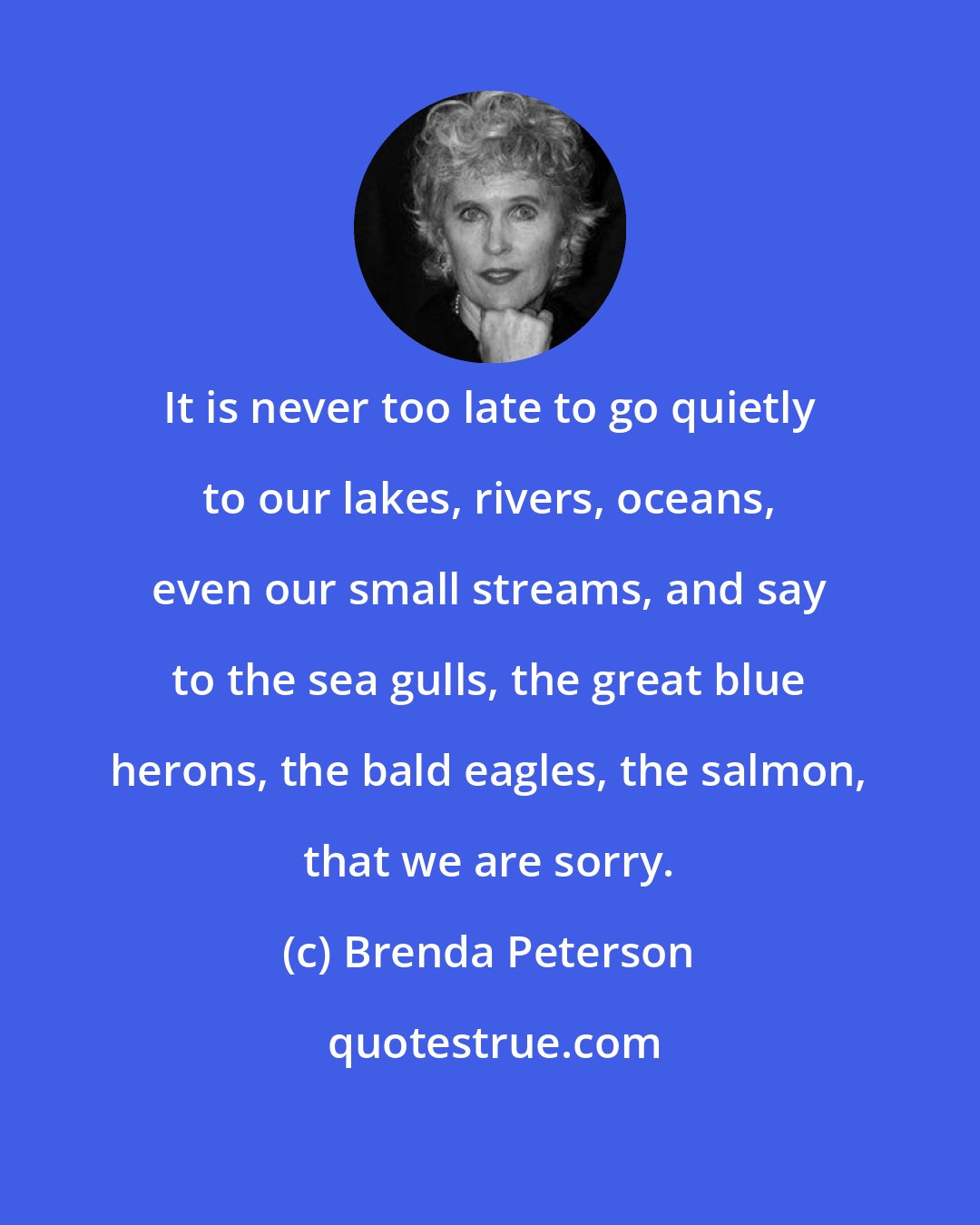 Brenda Peterson: It is never too late to go quietly to our lakes, rivers, oceans, even our small streams, and say to the sea gulls, the great blue herons, the bald eagles, the salmon, that we are sorry.
