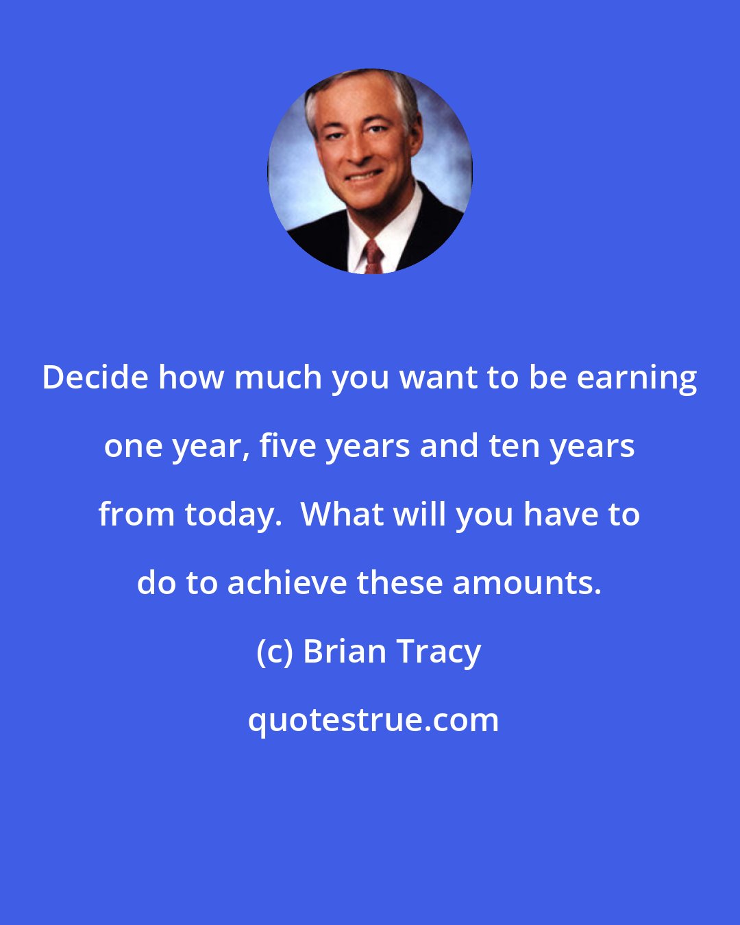 Brian Tracy: Decide how much you want to be earning one year, five years and ten years from today.  What will you have to do to achieve these amounts.