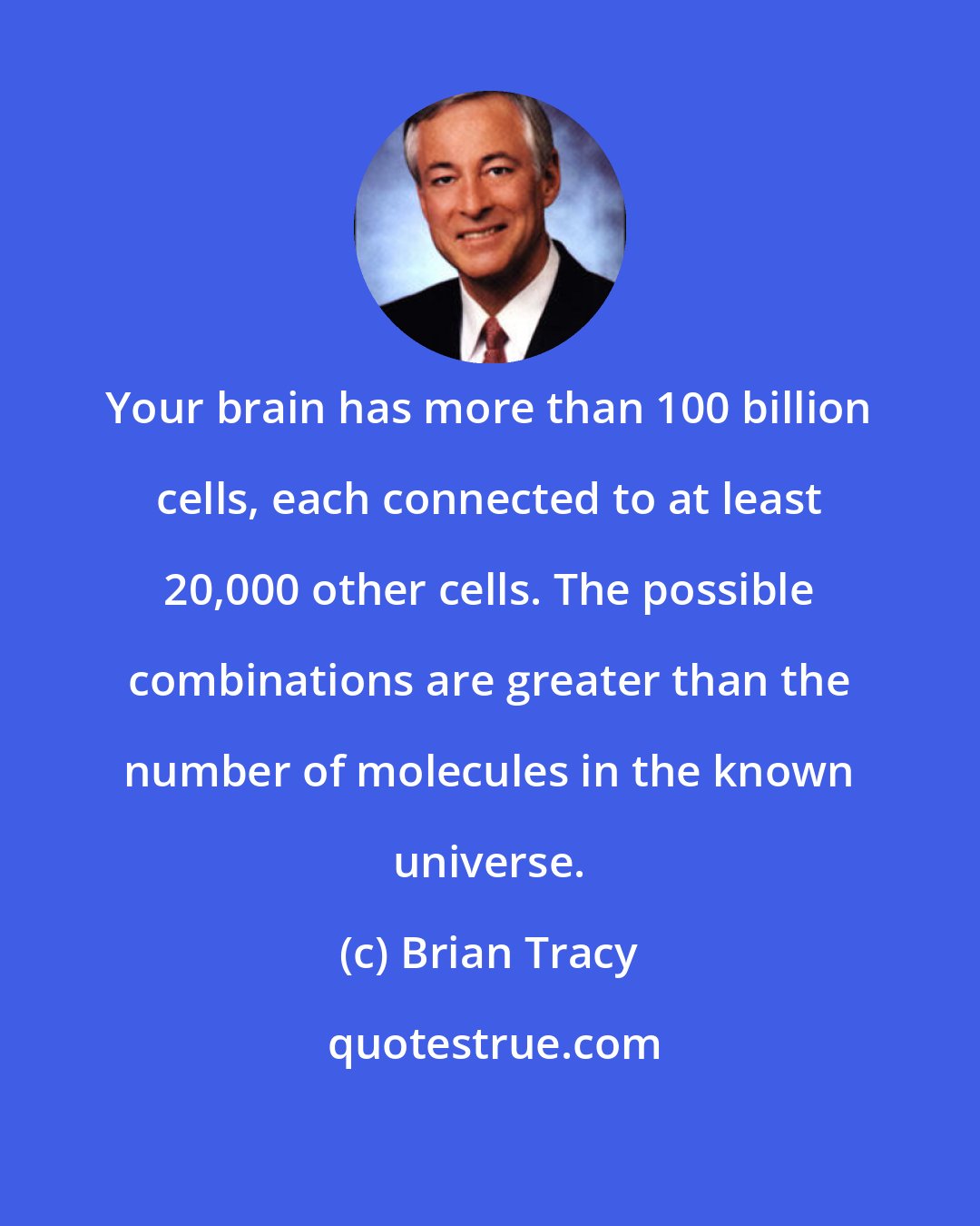 Brian Tracy: Your brain has more than 100 billion cells, each connected to at least 20,000 other cells. The possible combinations are greater than the number of molecules in the known universe.