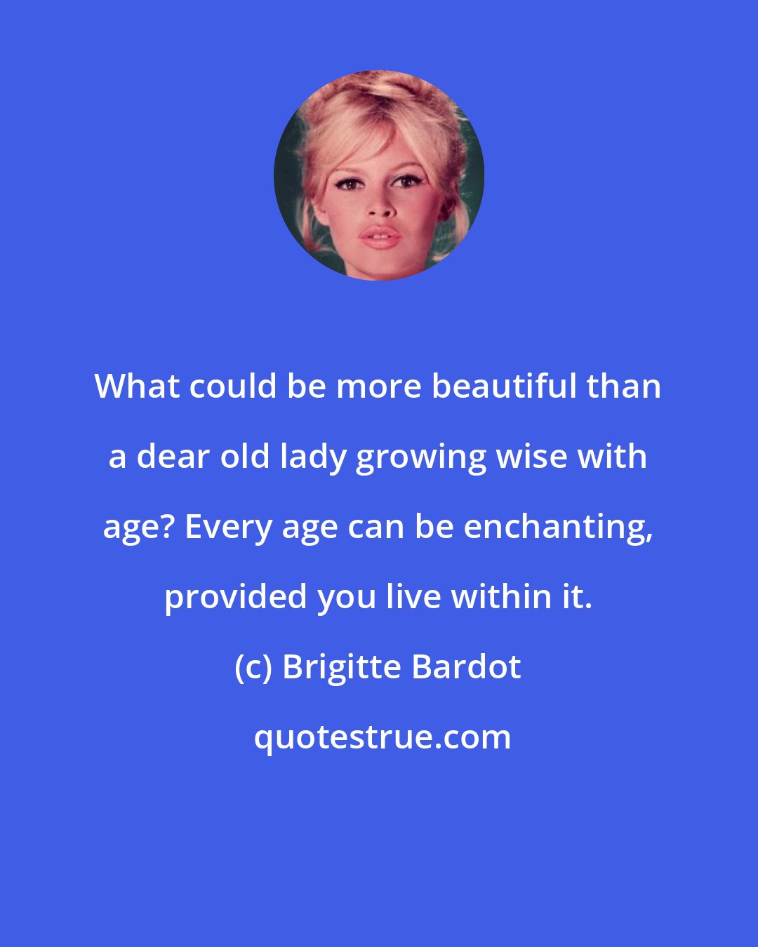 Brigitte Bardot: What could be more beautiful than a dear old lady growing wise with age? Every age can be enchanting, provided you live within it.
