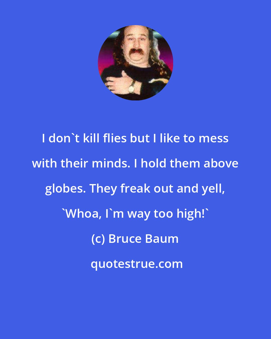 Bruce Baum: I don't kill flies but I like to mess with their minds. I hold them above globes. They freak out and yell, 'Whoa, I'm way too high!'