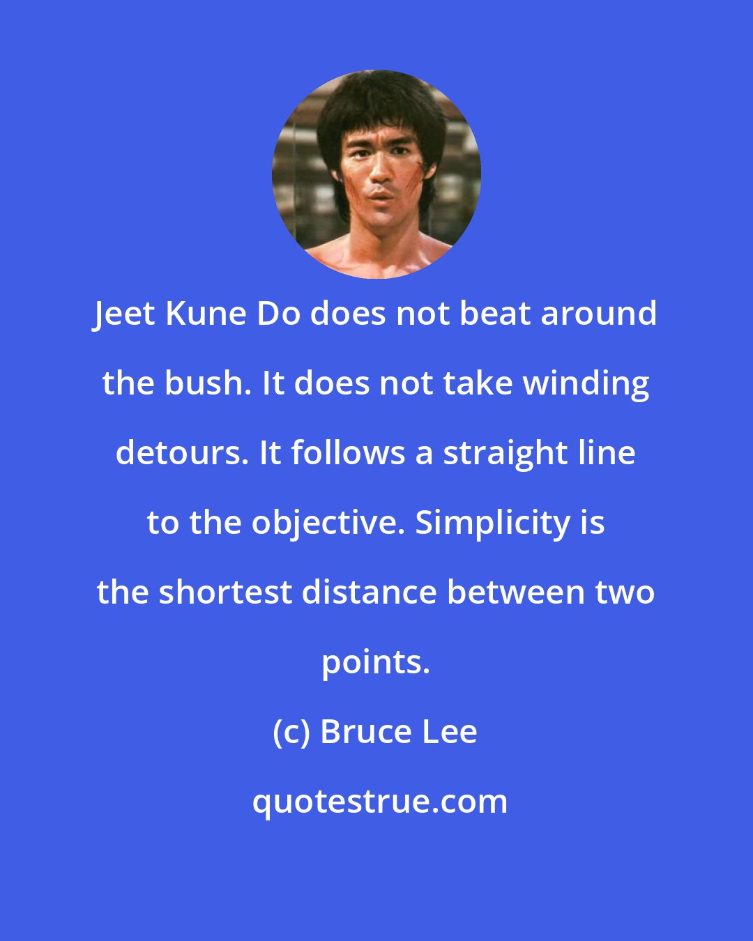 Bruce Lee: Jeet Kune Do does not beat around the bush. It does not take winding detours. It follows a straight line to the objective. Simplicity is the shortest distance between two points.