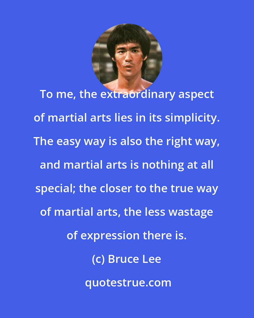 Bruce Lee: To me, the extraordinary aspect of martial arts lies in its simplicity. The easy way is also the right way, and martial arts is nothing at all special; the closer to the true way of martial arts, the less wastage of expression there is.