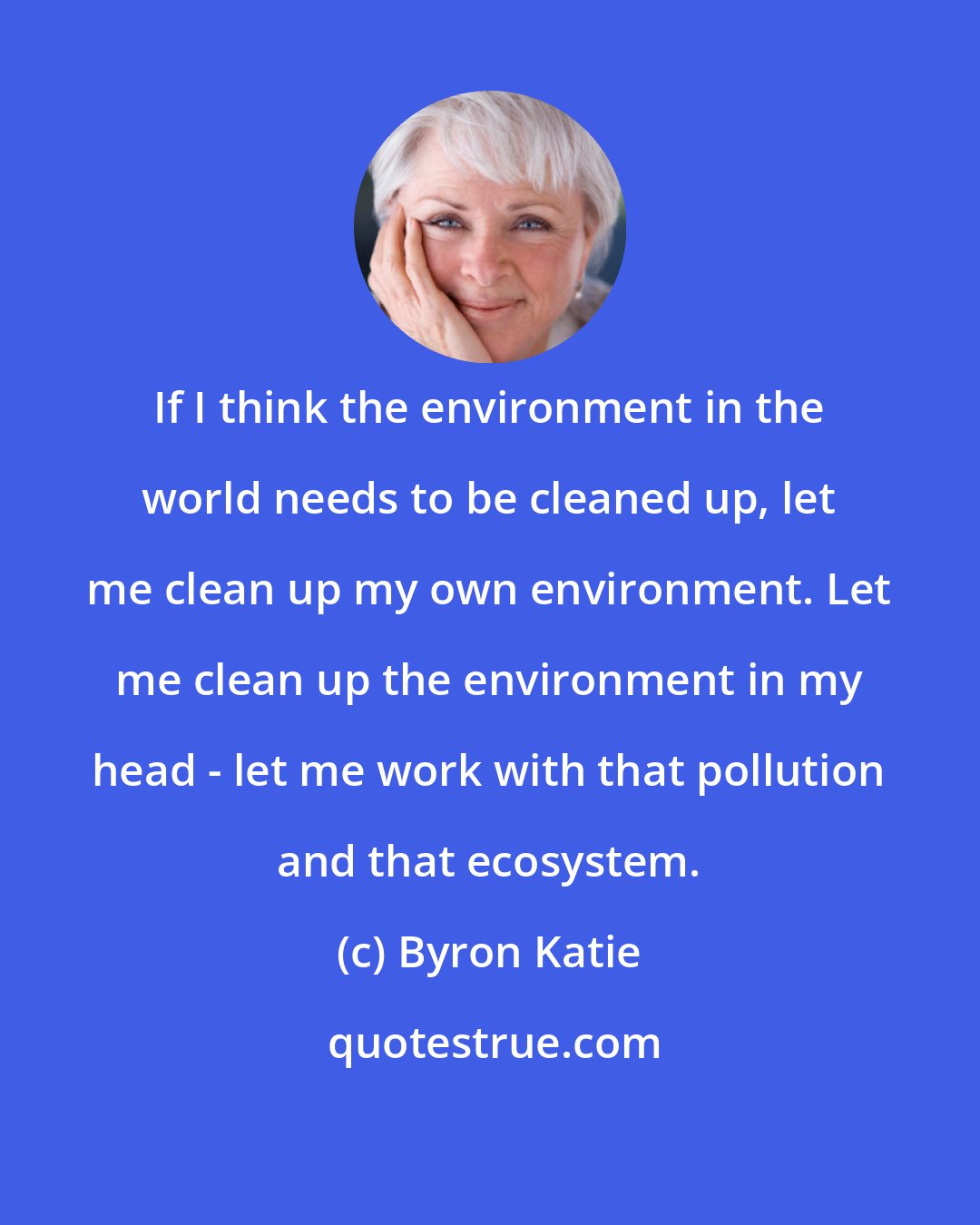 Byron Katie: If I think the environment in the world needs to be cleaned up, let me clean up my own environment. Let me clean up the environment in my head - let me work with that pollution and that ecosystem.