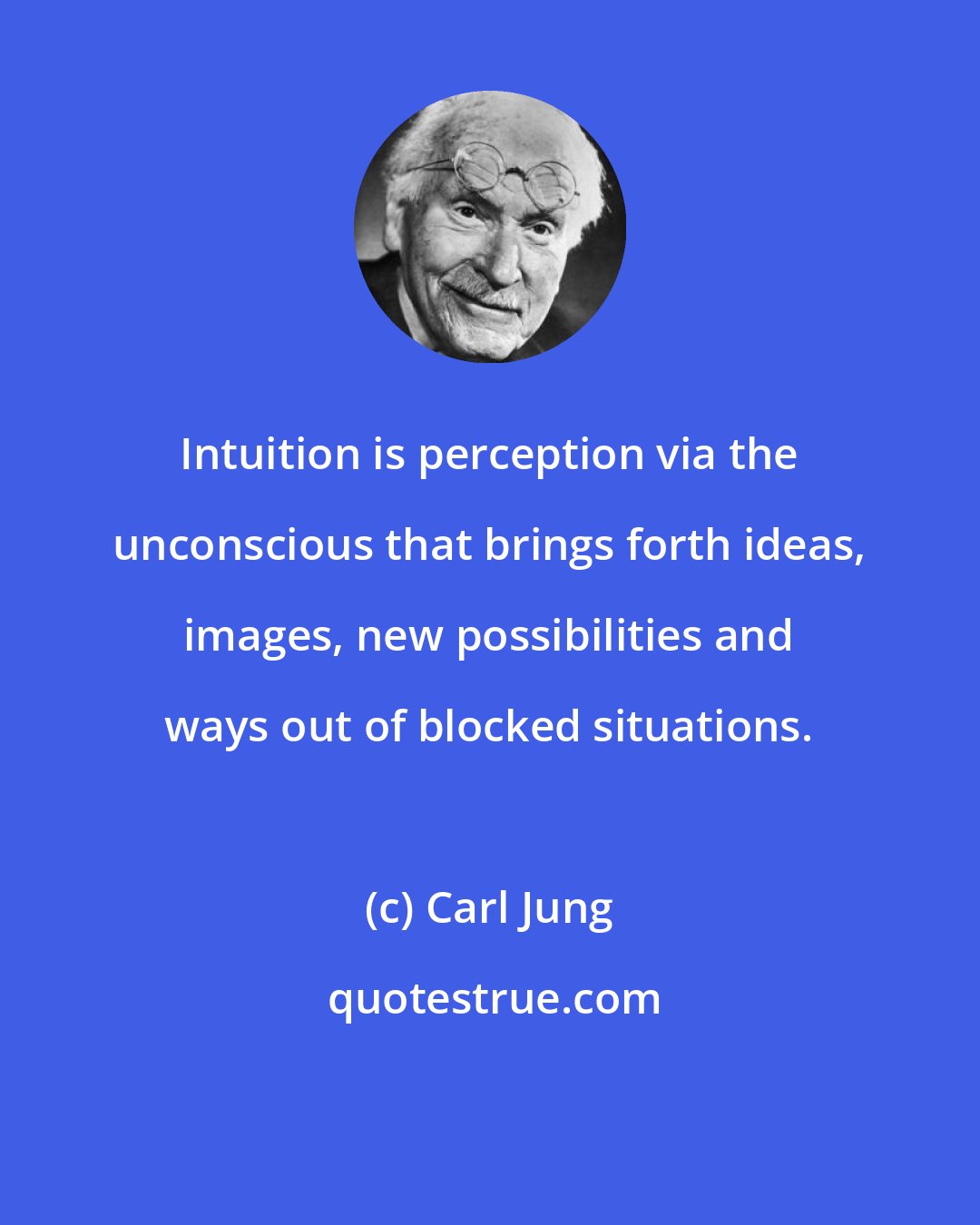 Carl Jung: Intuition is perception via the unconscious that brings forth ideas, images, new possibilities and ways out of blocked situations.