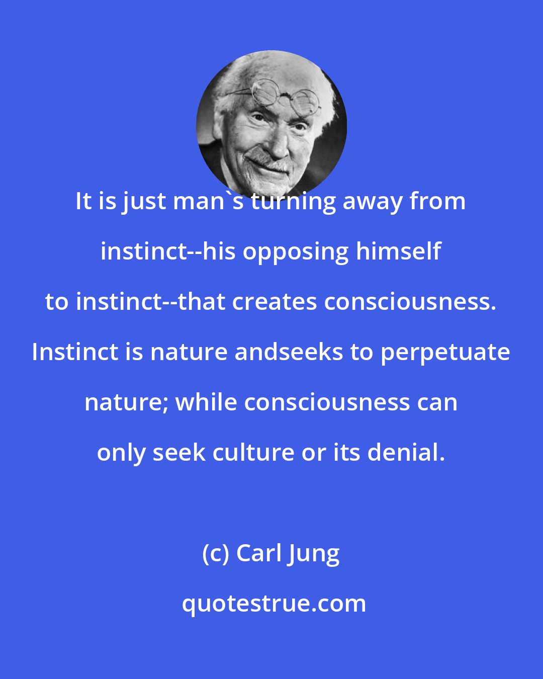 Carl Jung: It is just man's turning away from instinct--his opposing himself to instinct--that creates consciousness. Instinct is nature andseeks to perpetuate nature; while consciousness can only seek culture or its denial.