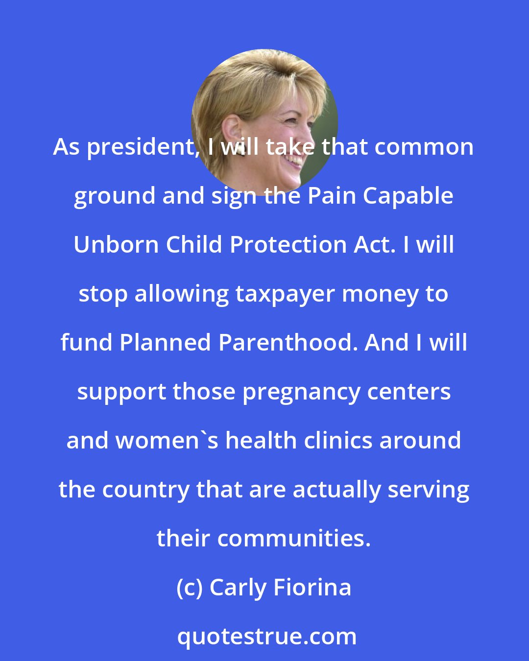 Carly Fiorina: As president, I will take that common ground and sign the Pain Capable Unborn Child Protection Act. I will stop allowing taxpayer money to fund Planned Parenthood. And I will support those pregnancy centers and women's health clinics around the country that are actually serving their communities.