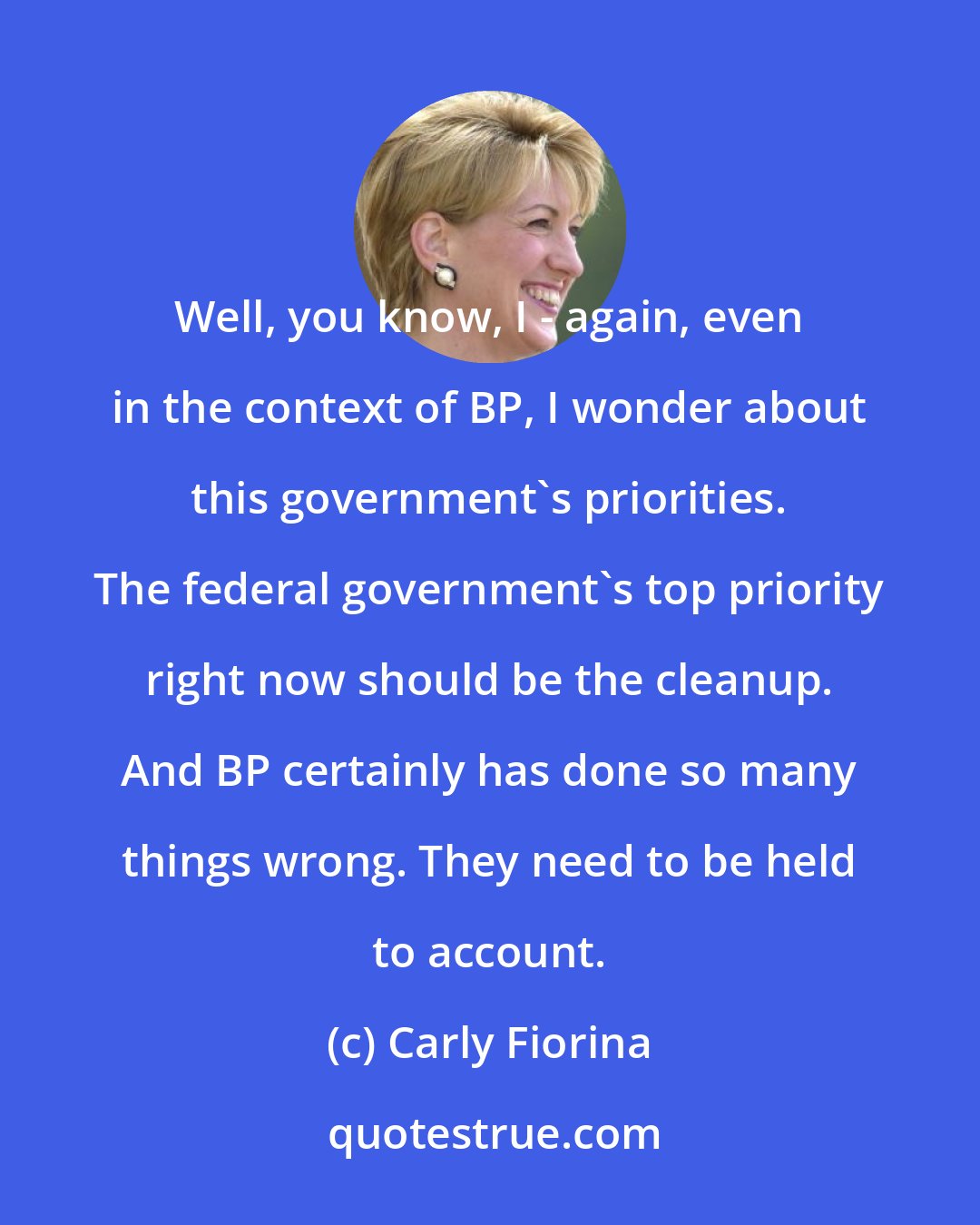 Carly Fiorina: Well, you know, I - again, even in the context of BP, I wonder about this government's priorities. The federal government's top priority right now should be the cleanup. And BP certainly has done so many things wrong. They need to be held to account.