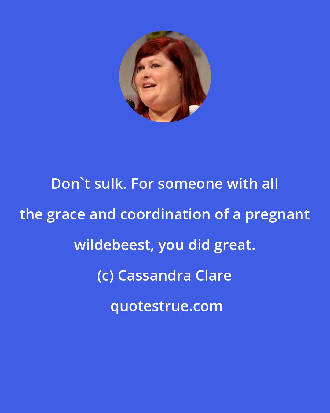 Cassandra Clare: Don't sulk. For someone with all the grace and coordination of a pregnant wildebeest, you did great.