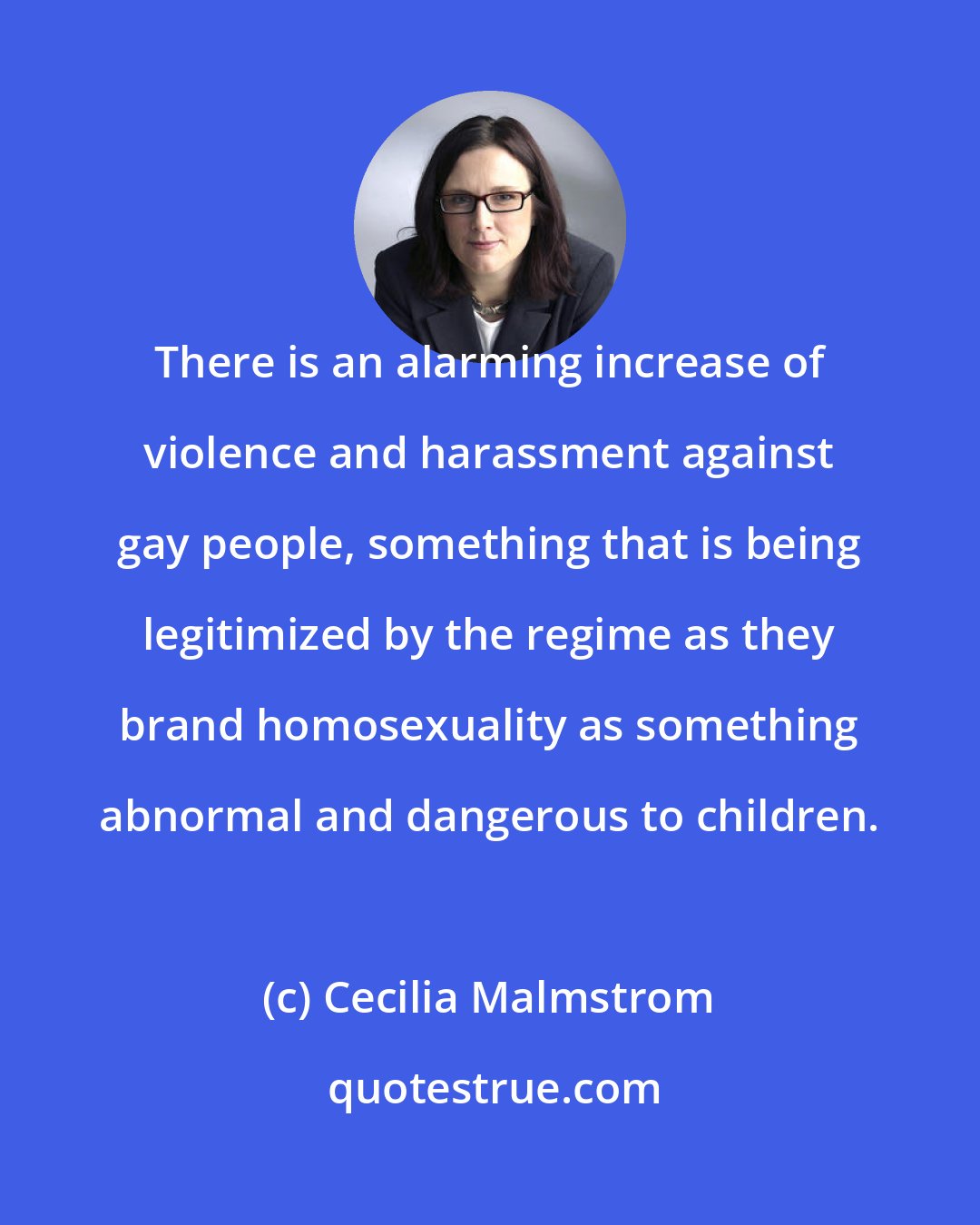 Cecilia Malmstrom: There is an alarming increase of violence and harassment against gay people, something that is being legitimized by the regime as they brand homosexuality as something abnormal and dangerous to children.