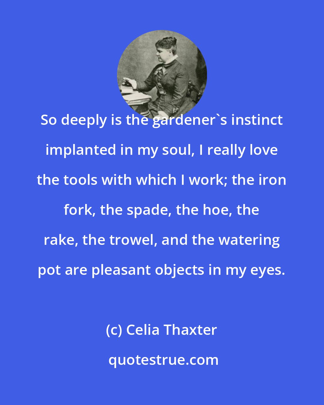 Celia Thaxter: So deeply is the gardener's instinct implanted in my soul, I really love the tools with which I work; the iron fork, the spade, the hoe, the rake, the trowel, and the watering pot are pleasant objects in my eyes.