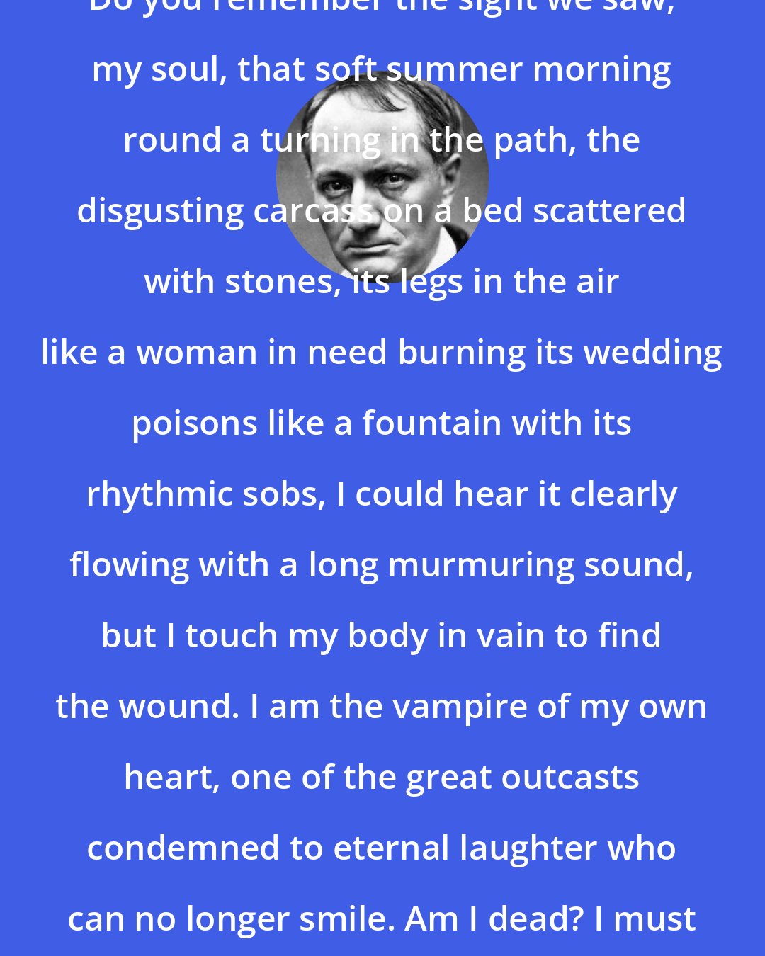 Charles Baudelaire: Do you remember the sight we saw, my soul, that soft summer morning round a turning in the path, the disgusting carcass on a bed scattered with stones, its legs in the air like a woman in need burning its wedding poisons like a fountain with its rhythmic sobs, I could hear it clearly flowing with a long murmuring sound, but I touch my body in vain to find the wound. I am the vampire of my own heart, one of the great outcasts condemned to eternal laughter who can no longer smile. Am I dead? I must be dead.