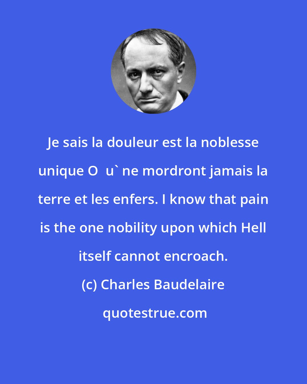 Charles Baudelaire: Je sais la douleur est la noblesse unique O  u' ne mordront jamais la terre et les enfers. I know that pain is the one nobility upon which Hell itself cannot encroach.