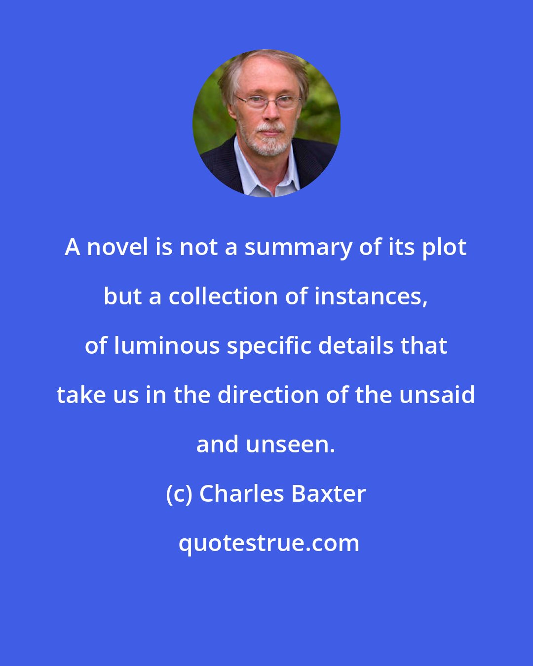 Charles Baxter: A novel is not a summary of its plot but a collection of instances, of luminous specific details that take us in the direction of the unsaid and unseen.