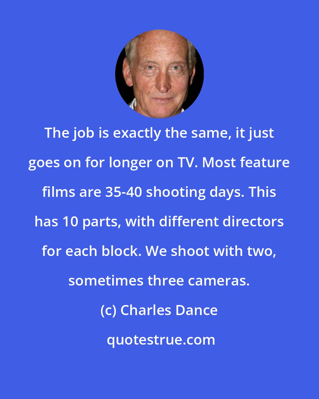 Charles Dance: The job is exactly the same, it just goes on for longer on TV. Most feature films are 35-40 shooting days. This has 10 parts, with different directors for each block. We shoot with two, sometimes three cameras.