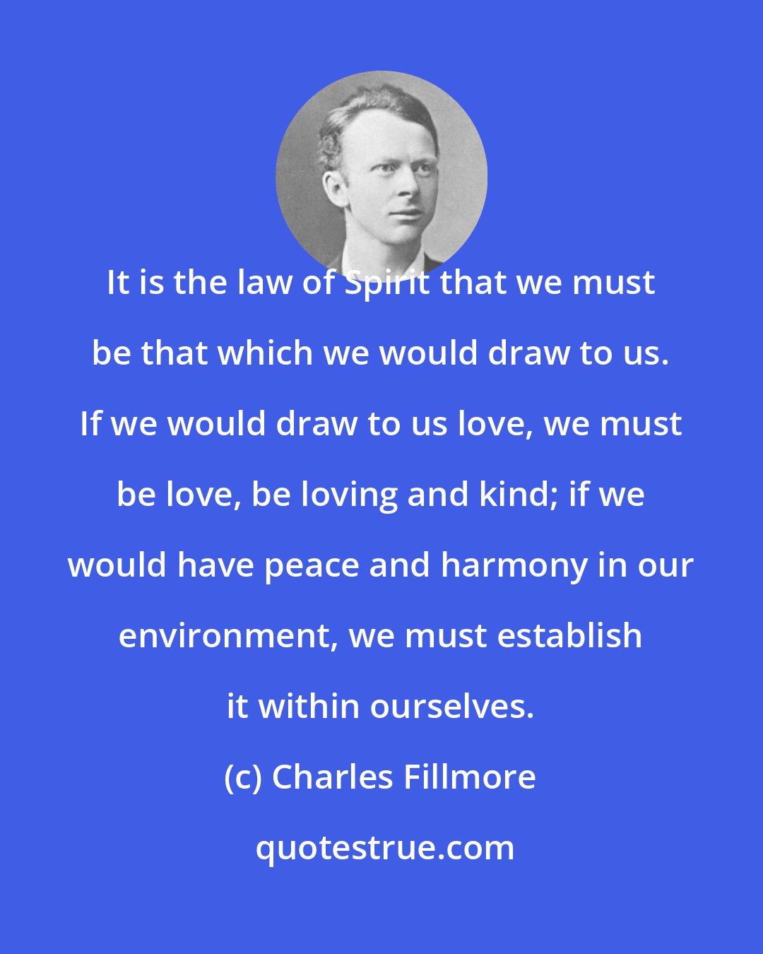 Charles Fillmore: It is the law of Spirit that we must be that which we would draw to us. If we would draw to us love, we must be love, be loving and kind; if we would have peace and harmony in our environment, we must establish it within ourselves.
