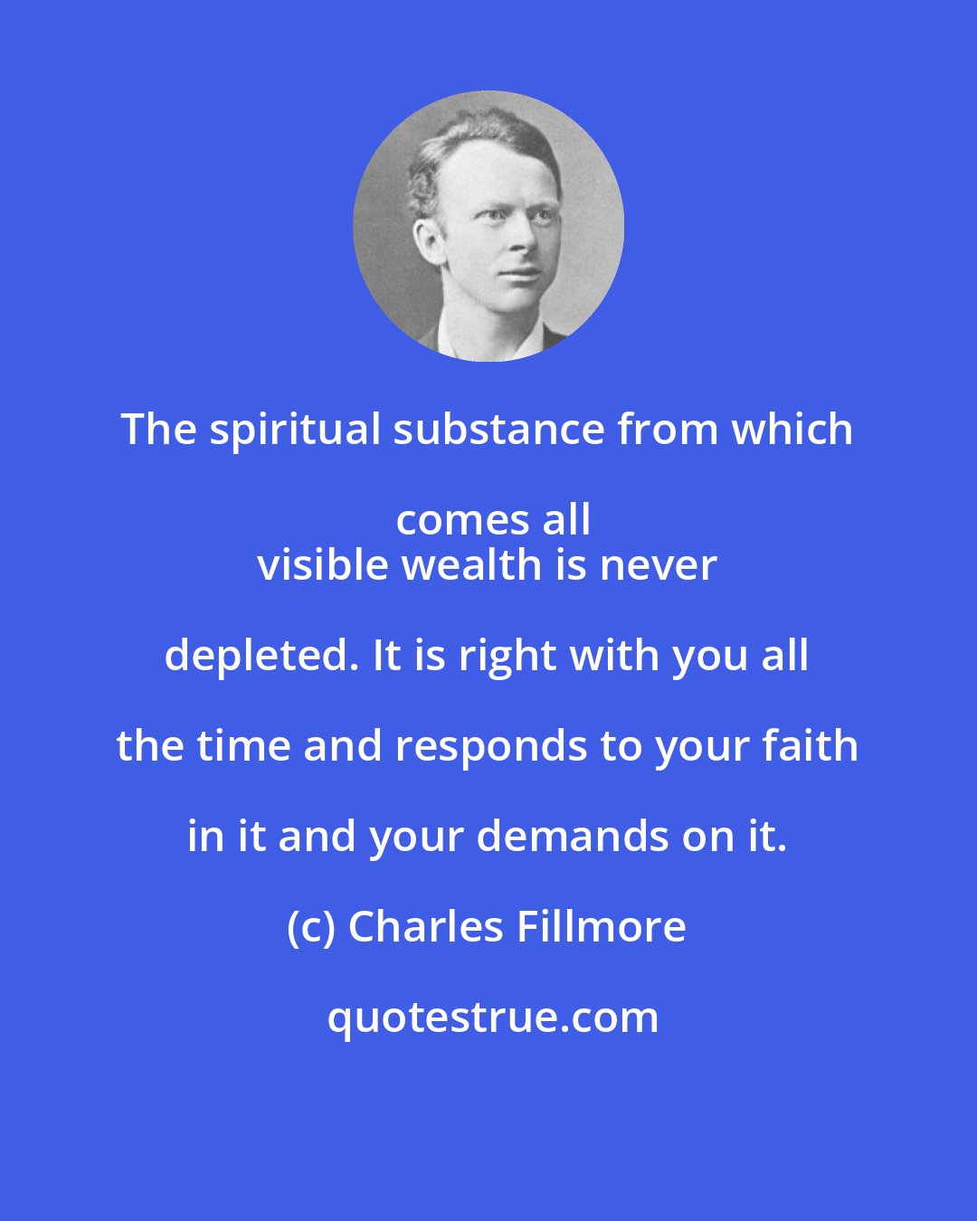 Charles Fillmore: The spiritual substance from which comes all
 visible wealth is never depleted. It is right with you all the time and responds to your faith in it and your demands on it.