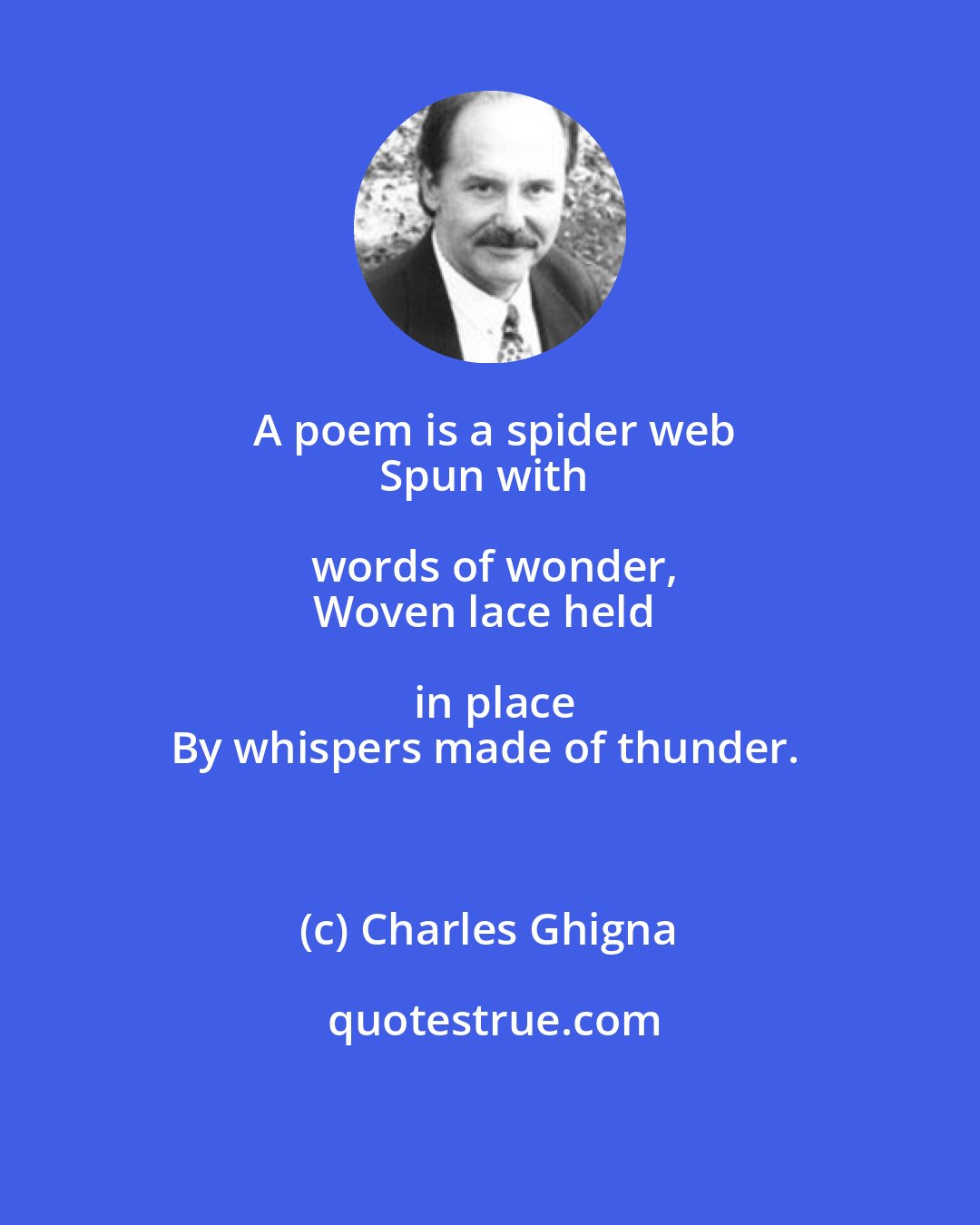 Charles Ghigna: A poem is a spider web
Spun with words of wonder,
Woven lace held in place
By whispers made of thunder.
