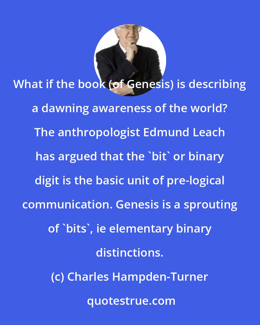 Charles Hampden-Turner: What if the book (of Genesis) is describing a dawning awareness of the world? The anthropologist Edmund Leach has argued that the 'bit' or binary digit is the basic unit of pre-logical communication. Genesis is a sprouting of 'bits', ie elementary binary distinctions.
