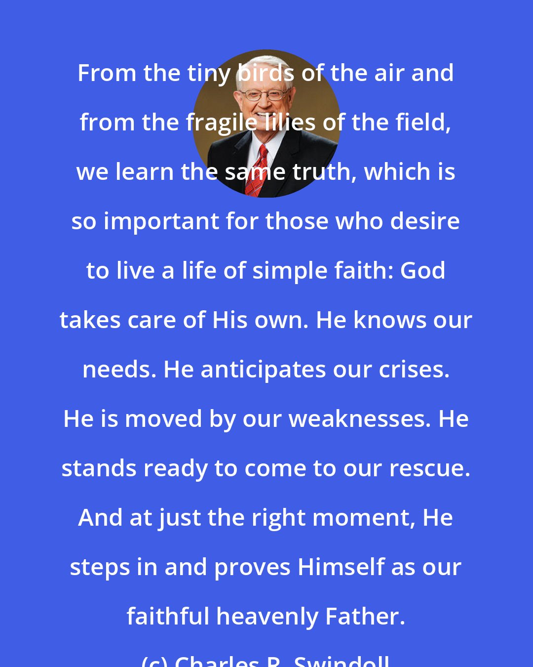 Charles R. Swindoll: From the tiny birds of the air and from the fragile lilies of the field, we learn the same truth, which is so important for those who desire to live a life of simple faith: God takes care of His own. He knows our needs. He anticipates our crises. He is moved by our weaknesses. He stands ready to come to our rescue. And at just the right moment, He steps in and proves Himself as our faithful heavenly Father.