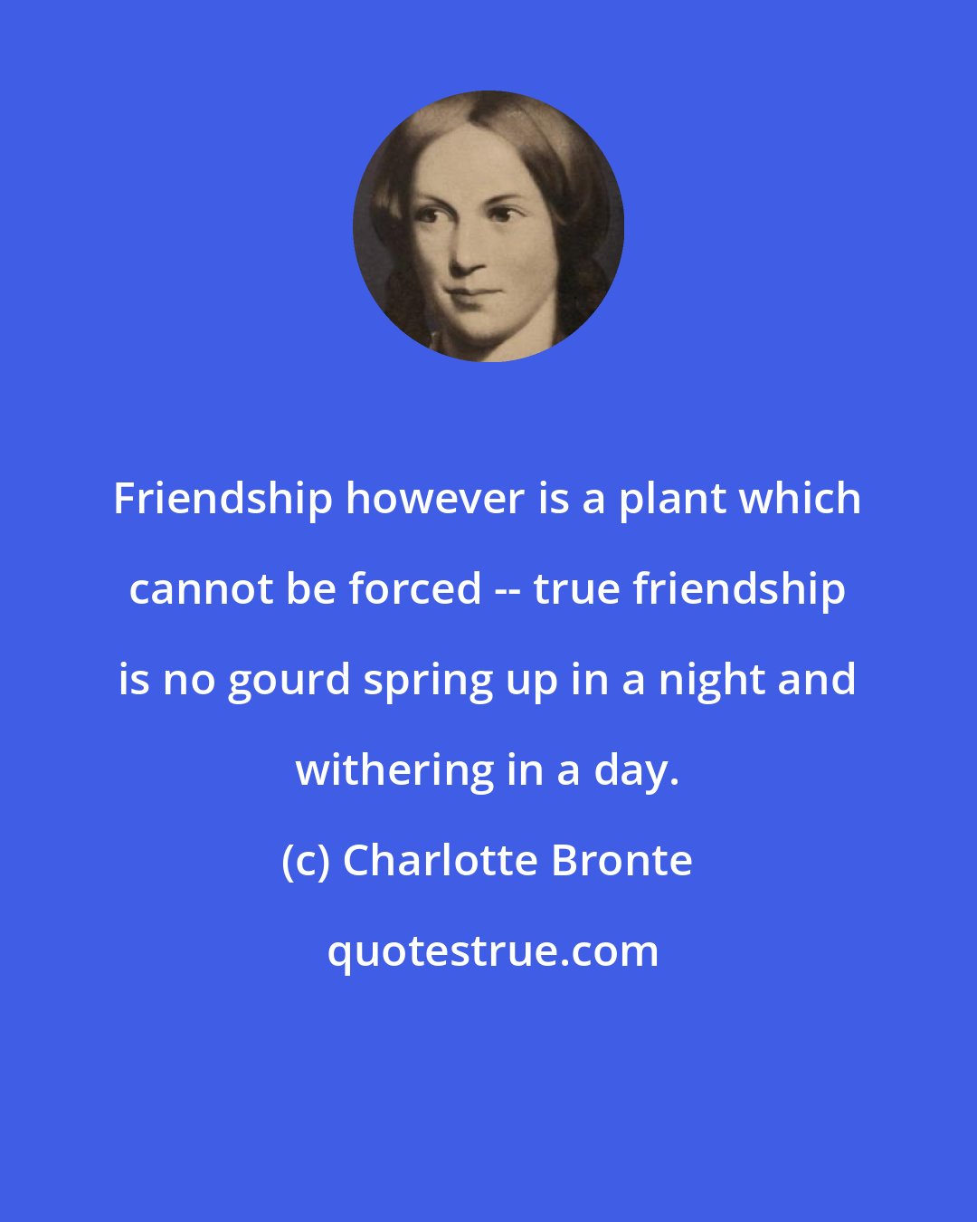 Charlotte Bronte: Friendship however is a plant which cannot be forced -- true friendship is no gourd spring up in a night and withering in a day.