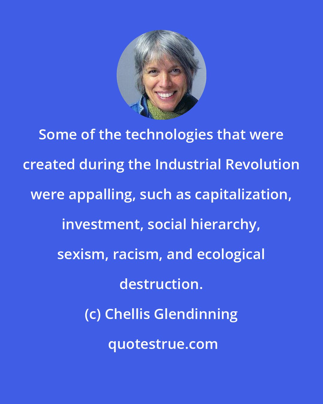 Chellis Glendinning: Some of the technologies that were created during the Industrial Revolution were appalling, such as capitalization, investment, social hierarchy, sexism, racism, and ecological destruction.