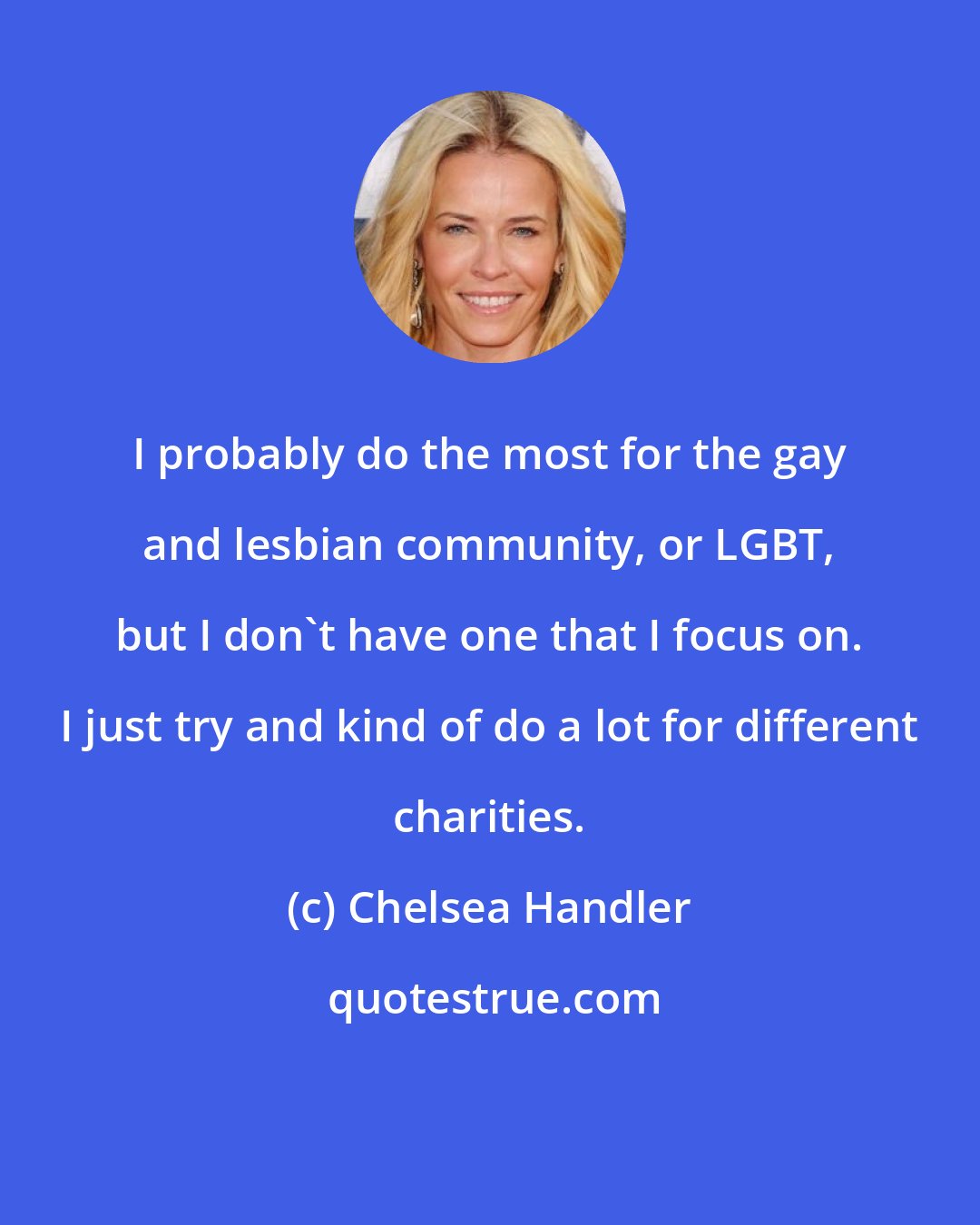 Chelsea Handler: I probably do the most for the gay and lesbian community, or LGBT, but I don't have one that I focus on. I just try and kind of do a lot for different charities.