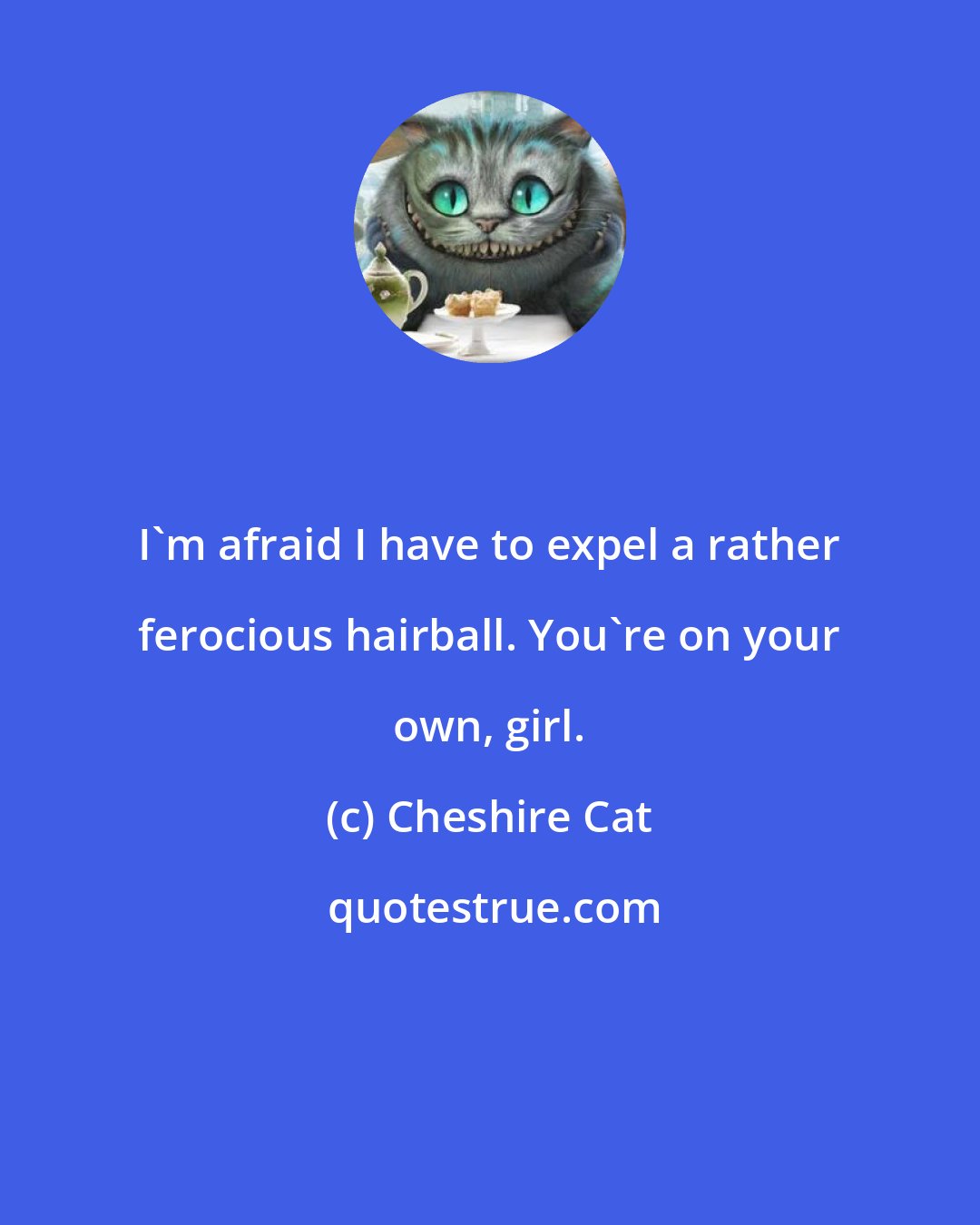 Cheshire Cat: I'm afraid I have to expel a rather ferocious hairball. You're on your own, girl.