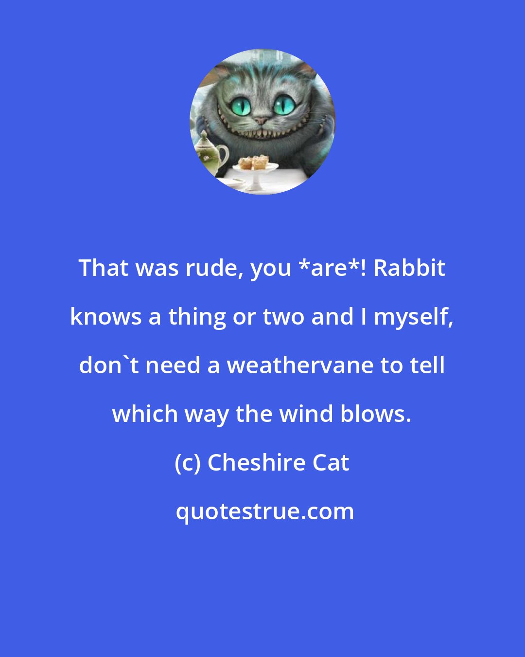 Cheshire Cat: That was rude, you *are*! Rabbit knows a thing or two and I myself, don't need a weathervane to tell which way the wind blows.