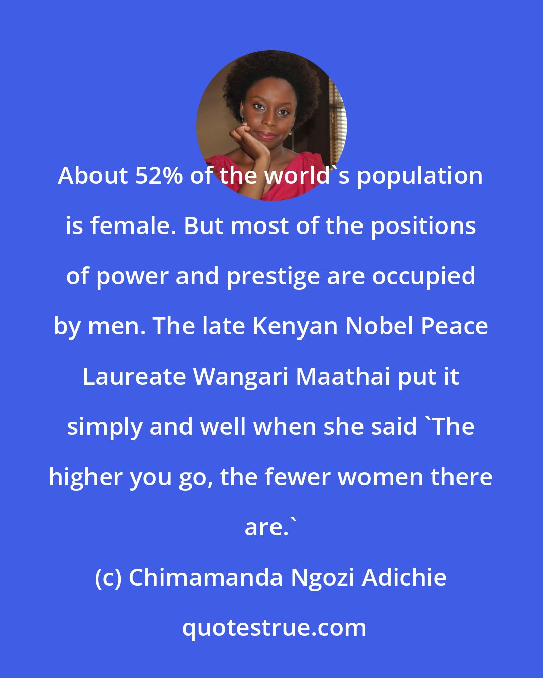 Chimamanda Ngozi Adichie: About 52% of the world's population is female. But most of the positions of power and prestige are occupied by men. The late Kenyan Nobel Peace Laureate Wangari Maathai put it simply and well when she said 'The higher you go, the fewer women there are.'