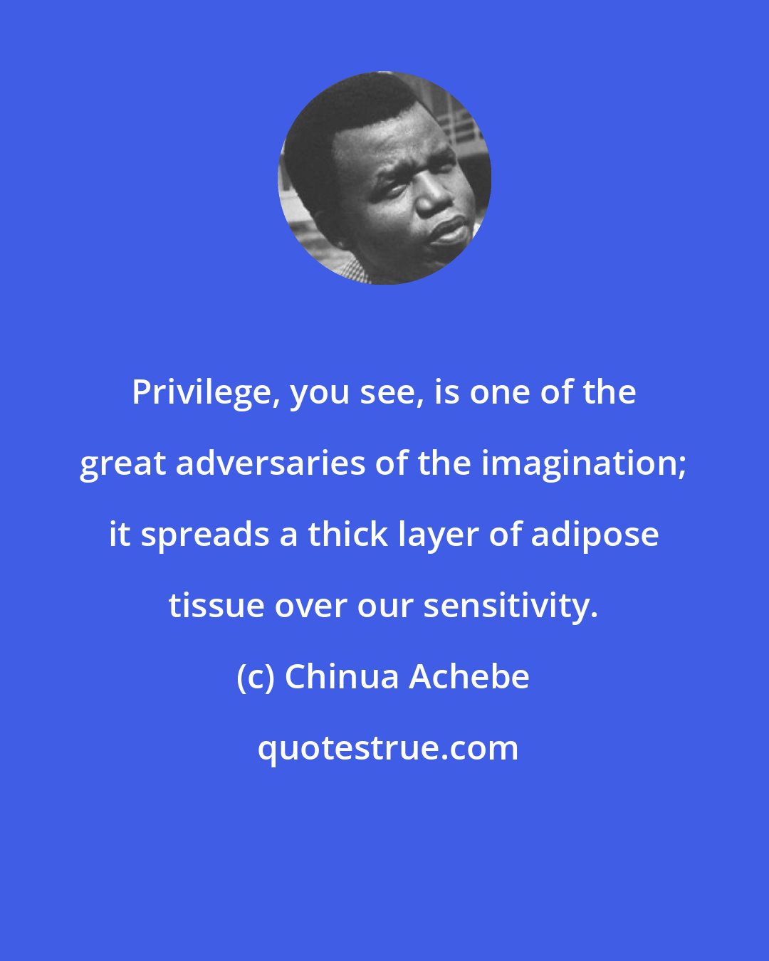 Chinua Achebe: Privilege, you see, is one of the great adversaries of the imagination; it spreads a thick layer of adipose tissue over our sensitivity.