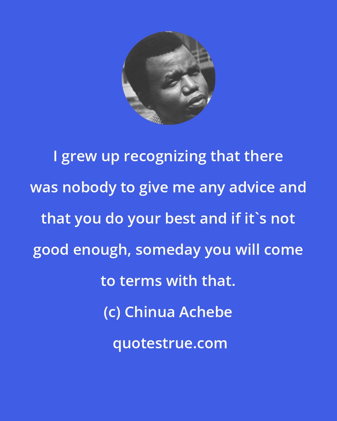 Chinua Achebe: I grew up recognizing that there was nobody to give me any advice and that you do your best and if it's not good enough, someday you will come to terms with that.