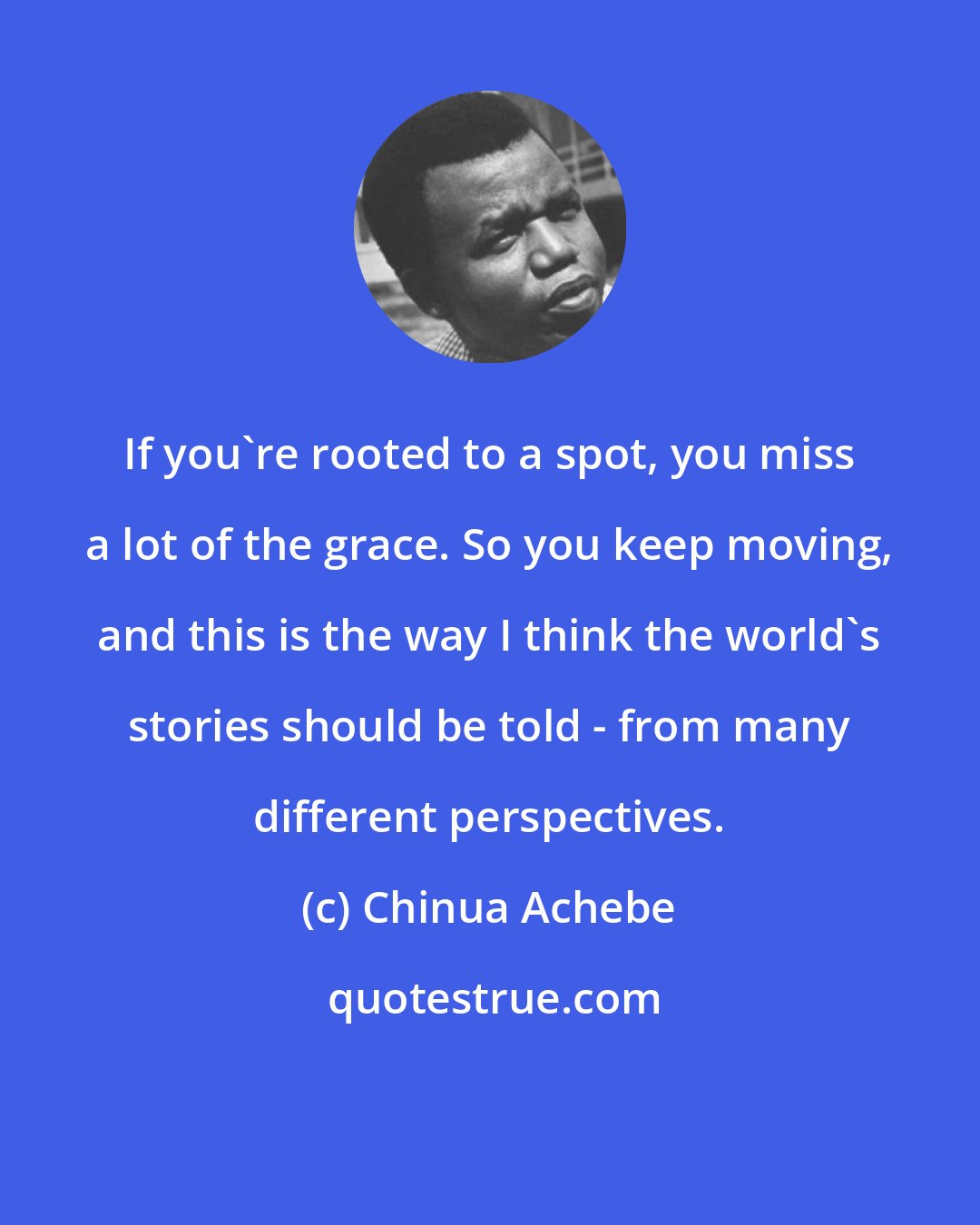 Chinua Achebe: If you're rooted to a spot, you miss a lot of the grace. So you keep moving, and this is the way I think the world's stories should be told - from many different perspectives.