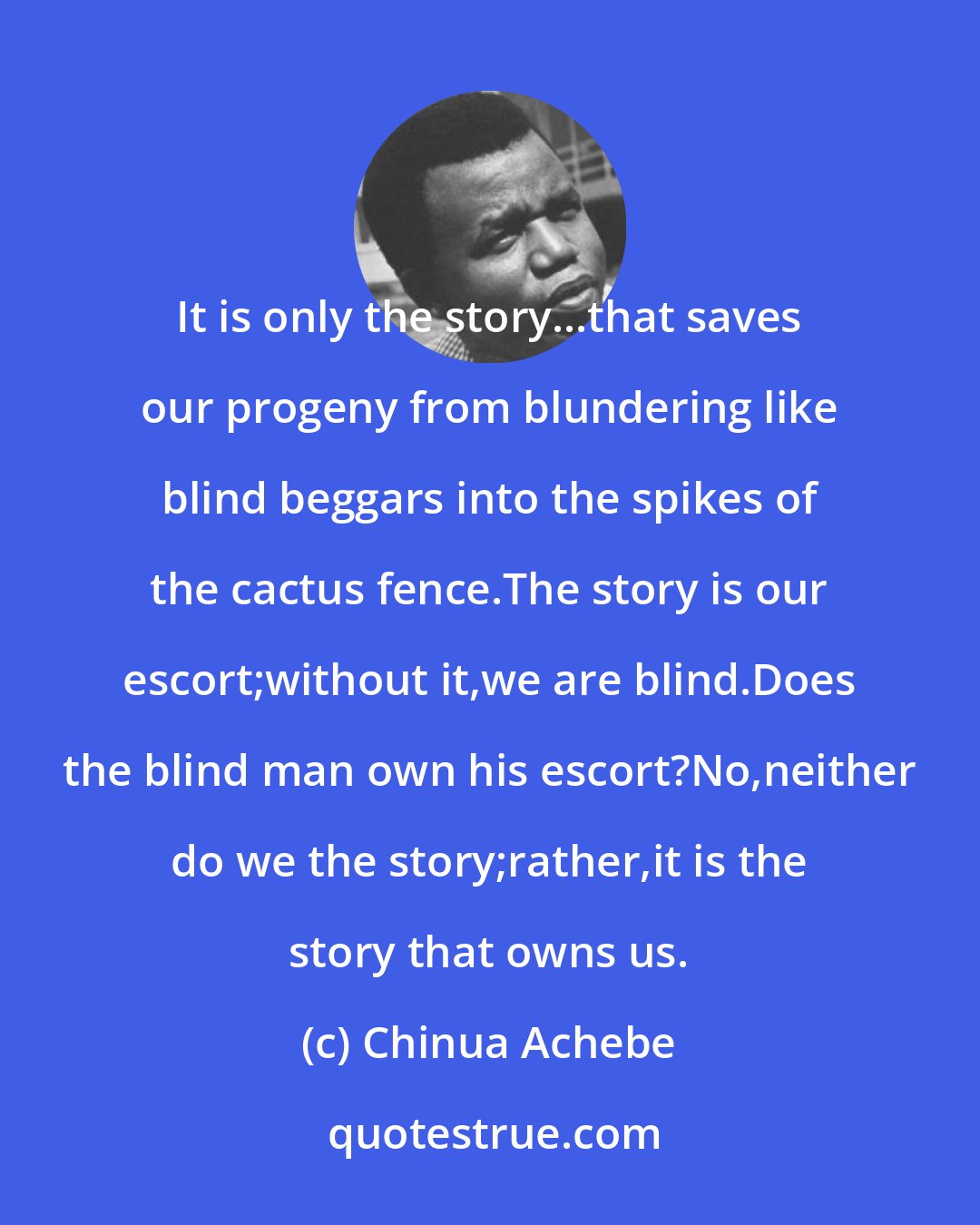 Chinua Achebe: It is only the story...that saves our progeny from blundering like blind beggars into the spikes of the cactus fence.The story is our escort;without it,we are blind.Does the blind man own his escort?No,neither do we the story;rather,it is the story that owns us.