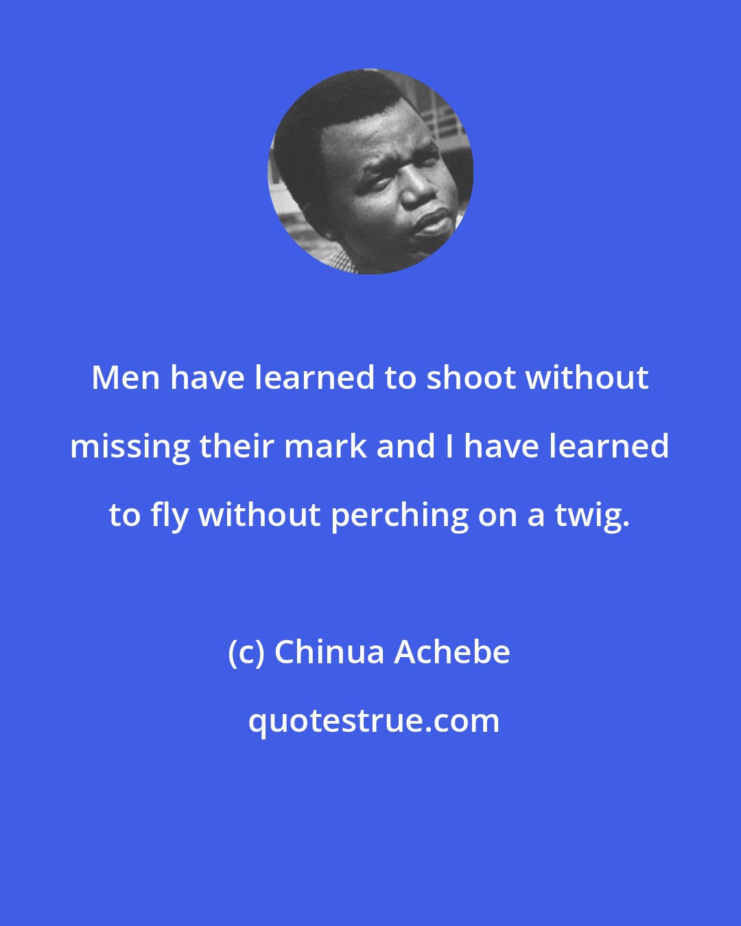 Chinua Achebe: Men have learned to shoot without missing their mark and I have learned to fly without perching on a twig.