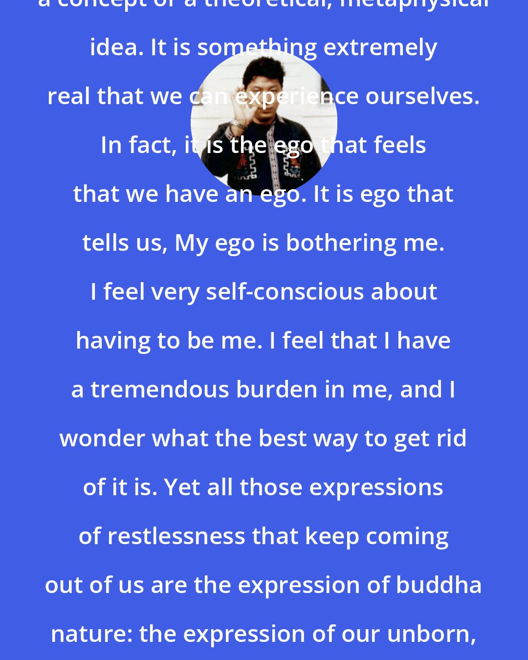Chogyam Trungpa: The idea of buddha mind is not purely a concept or a theoretical, metaphysical idea. It is something extremely real that we can experience ourselves. In fact, it is the ego that feels that we have an ego. It is ego that tells us, My ego is bothering me. I feel very self-conscious about having to be me. I feel that I have a tremendous burden in me, and I wonder what the best way to get rid of it is. Yet all those expressions of restlessness that keep coming out of us are the expression of buddha nature: the expression of our unborn, unobstructed, and nondwelling nature.