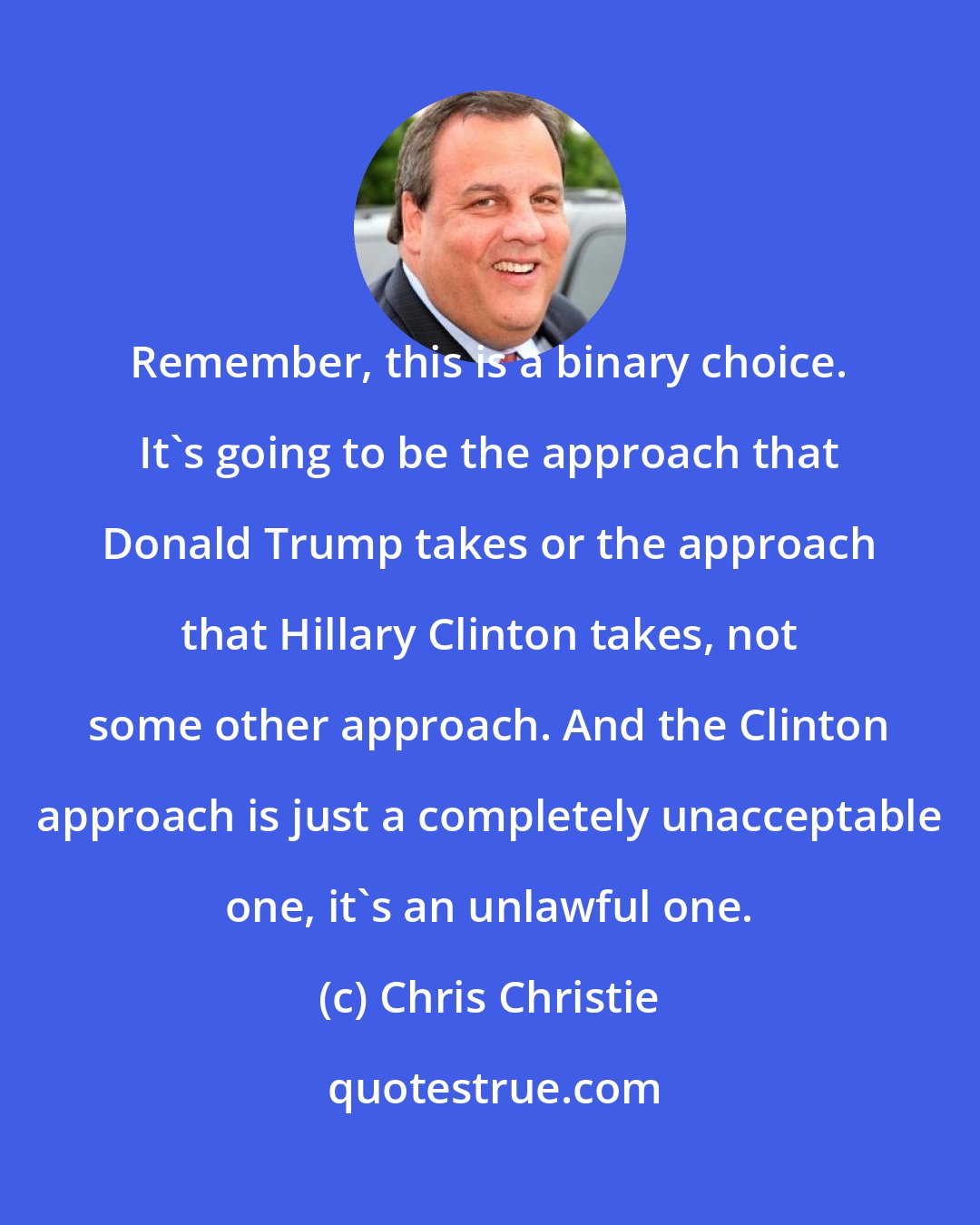 Chris Christie: Remember, this is a binary choice. It's going to be the approach that Donald Trump takes or the approach that Hillary Clinton takes, not some other approach. And the Clinton approach is just a completely unacceptable one, it's an unlawful one.
