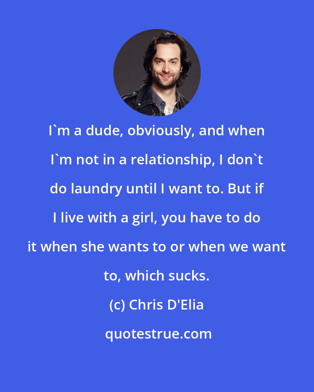 Chris D'Elia: I'm a dude, obviously, and when I'm not in a relationship, I don't do laundry until I want to. But if I live with a girl, you have to do it when she wants to or when we want to, which sucks.