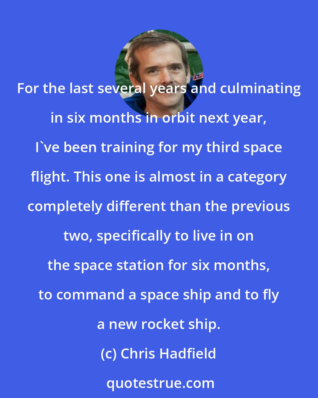 Chris Hadfield: For the last several years and culminating in six months in orbit next year, I've been training for my third space flight. This one is almost in a category completely different than the previous two, specifically to live in on the space station for six months, to command a space ship and to fly a new rocket ship.