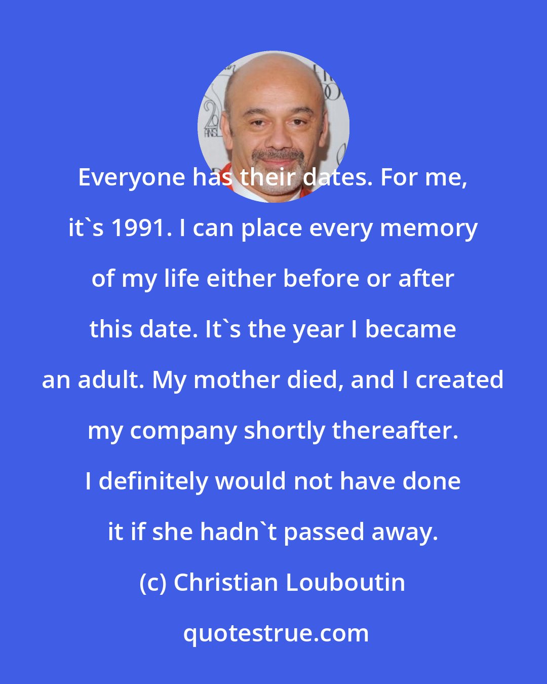 Christian Louboutin: Everyone has their dates. For me, it's 1991. I can place every memory of my life either before or after this date. It's the year I became an adult. My mother died, and I created my company shortly thereafter. I definitely would not have done it if she hadn't passed away.