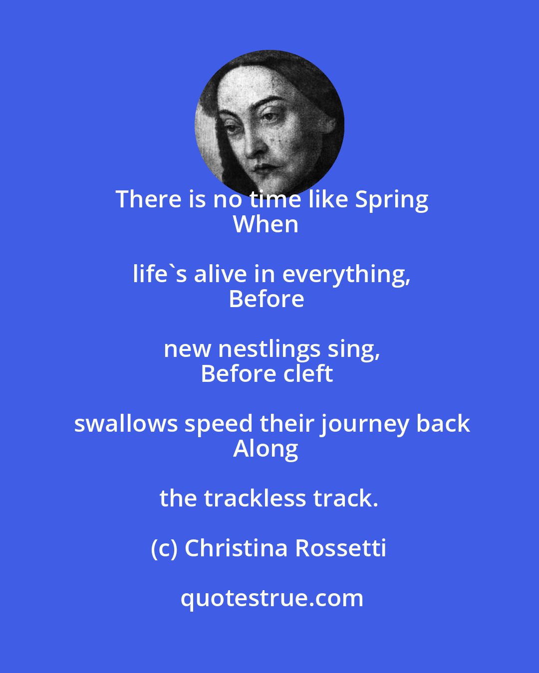 Christina Rossetti: There is no time like Spring
When life's alive in everything,
Before new nestlings sing,
Before cleft swallows speed their journey back
Along the trackless track.