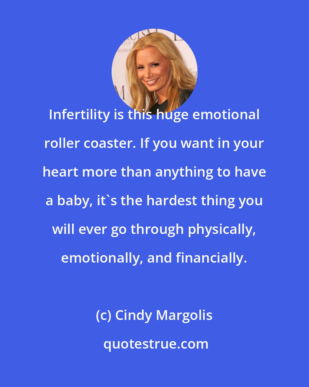 Cindy Margolis: Infertility is this huge emotional roller coaster. If you want in your heart more than anything to have a baby, it's the hardest thing you will ever go through physically, emotionally, and financially.