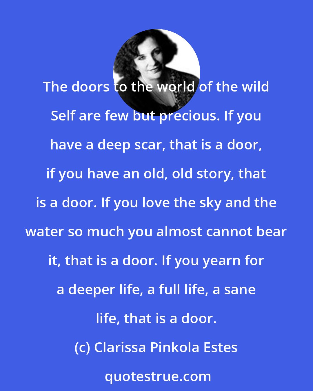 Clarissa Pinkola Estes: The doors to the world of the wild Self are few but precious. If you have a deep scar, that is a door, if you have an old, old story, that is a door. If you love the sky and the water so much you almost cannot bear it, that is a door. If you yearn for a deeper life, a full life, a sane life, that is a door.