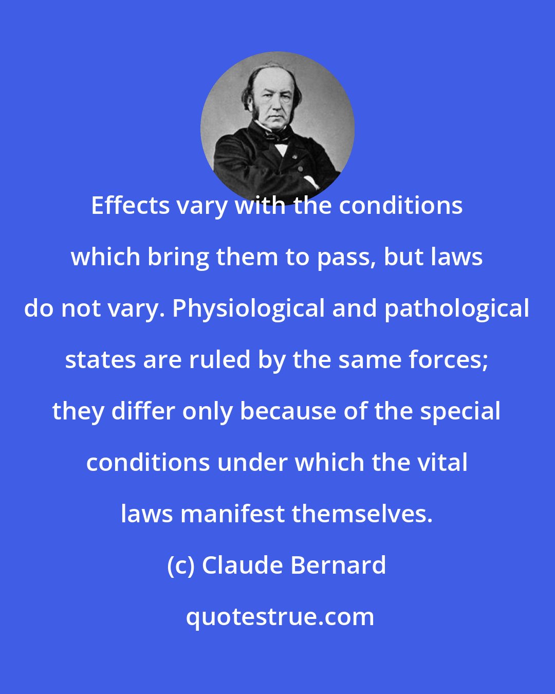 Claude Bernard: Effects vary with the conditions which bring them to pass, but laws do not vary. Physiological and pathological states are ruled by the same forces; they differ only because of the special conditions under which the vital laws manifest themselves.